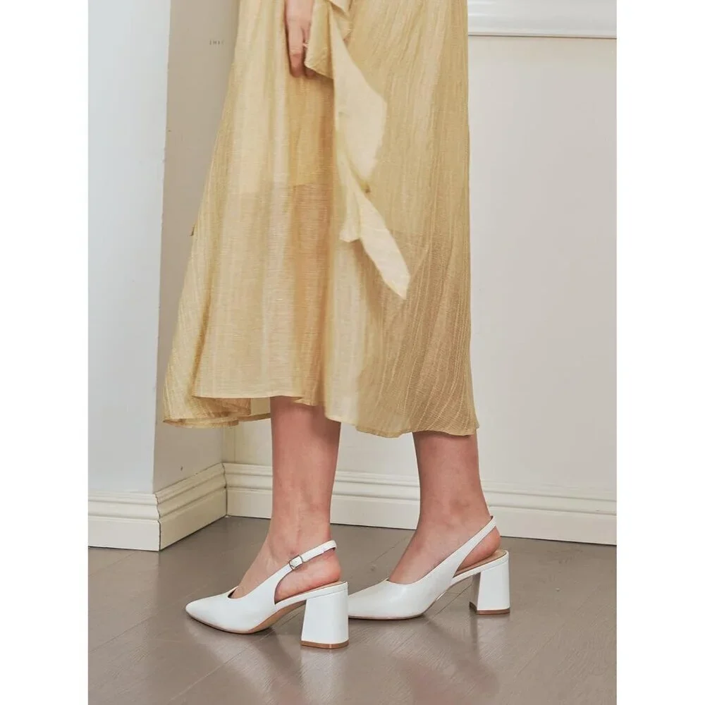 Women's White Pointed Closed Toe Slingback Chunky Heels Office Work Pump Shoes